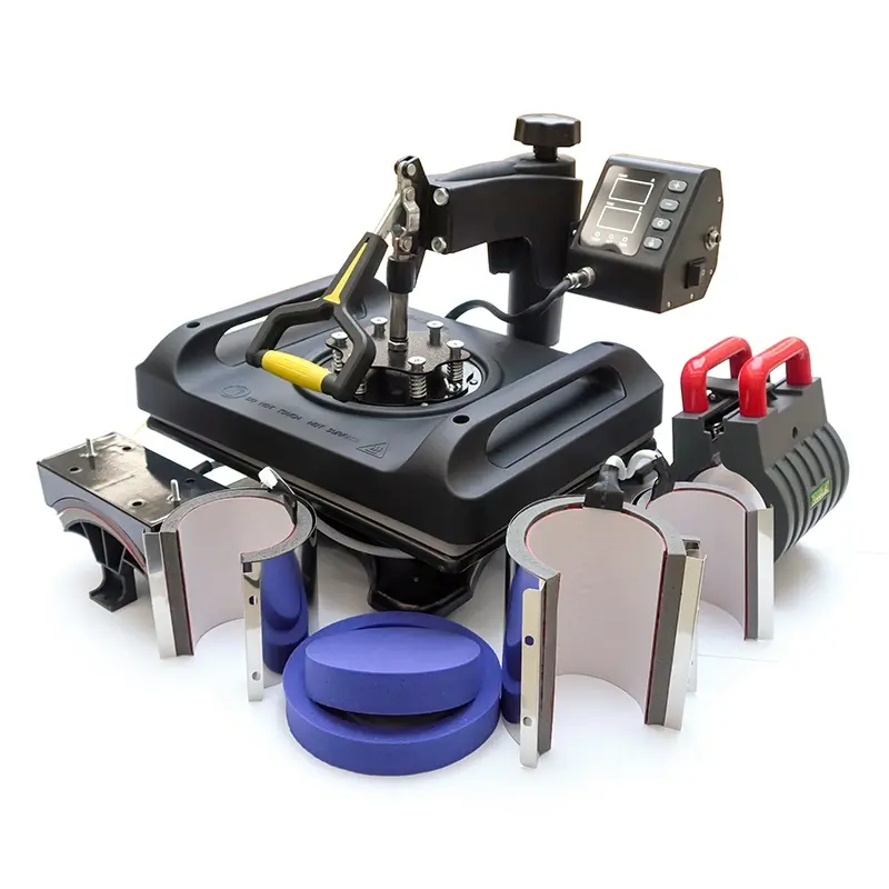 Vue d'ensemble du kit complet 11 en 1 de la presse P8001 : modules mugs, casquettes, stylos, chaussures et assiettes