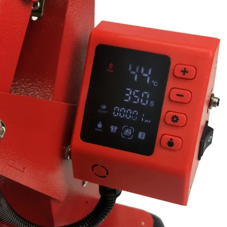 Écran de contrôle numérique LCD et poignée ergonomique sur presse à chaud rouge