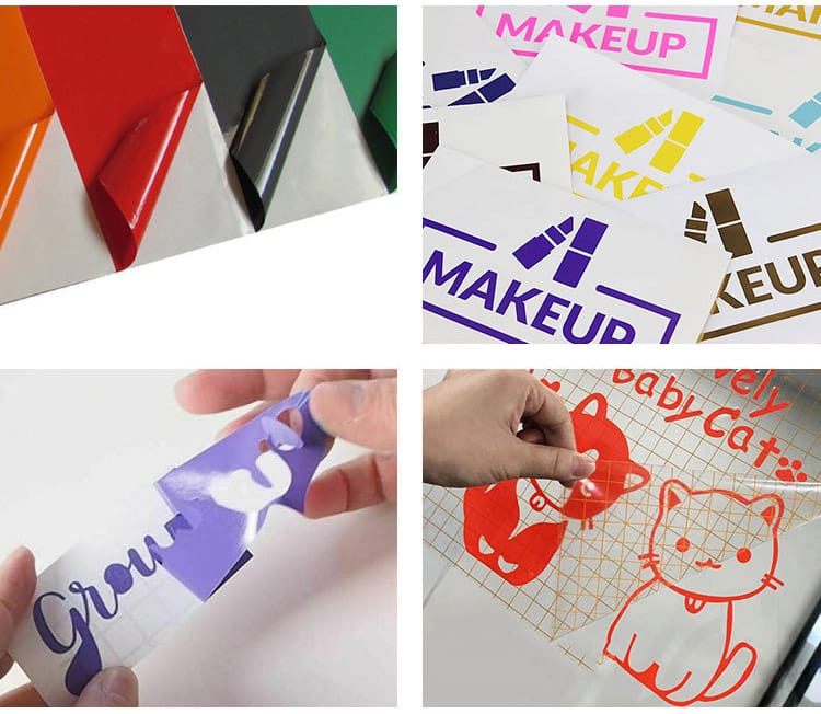 Machine plotter en train de découper un logo sur du vinyle adhésif rouge.