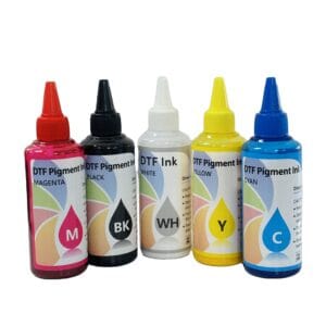 Petite bouteille d'encre DTF 100ml (Pigment) pour imprimantes desktop et tests d'impression textile.