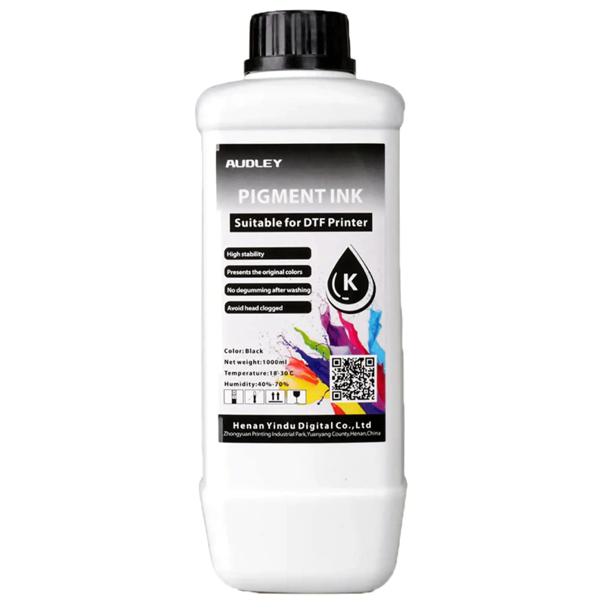 Bouteille d'encre DTF Audley originale couleur Noir (Black) 1 litre, noir profond et haute densité pour impression DTF.