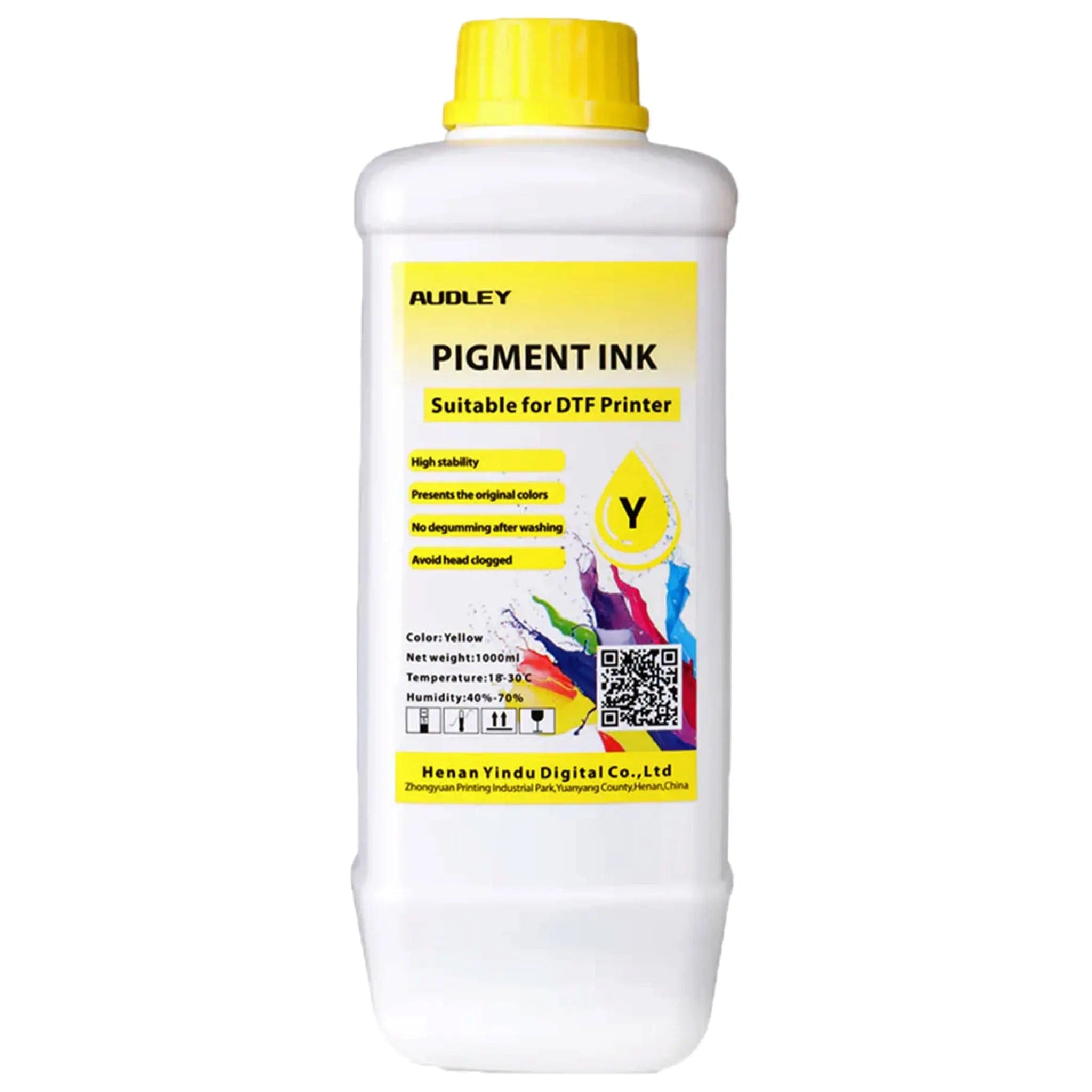 Bouteille d'encre DTF Audley originale couleur Jaune (Yellow) 1 litre, compatible têtes Epson i3200 et XP600.