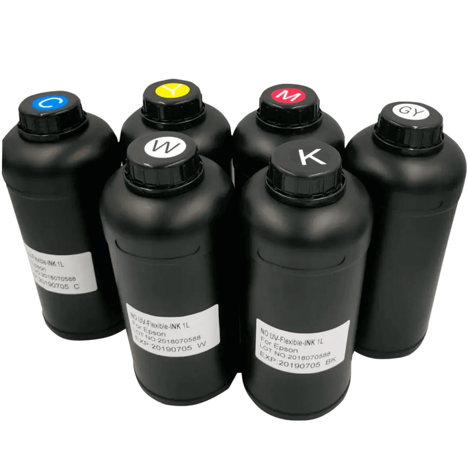 Bouteilles d'encre UV LED 1L incluant les couleurs spéciales Gris (GY) et Blanc (W) pour des dégradés fins et une haute opacité en impression industrielle.