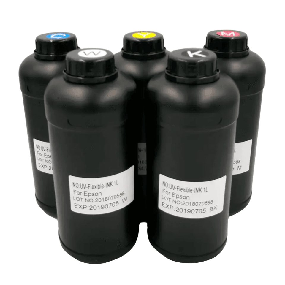Lot de bouteilles d'encre UV LED Flexible 1 Litre (Cyan, Magenta, Jaune, Noir, Blanc) compatible Epson pour impression industrielle sur supports souples et rigides.