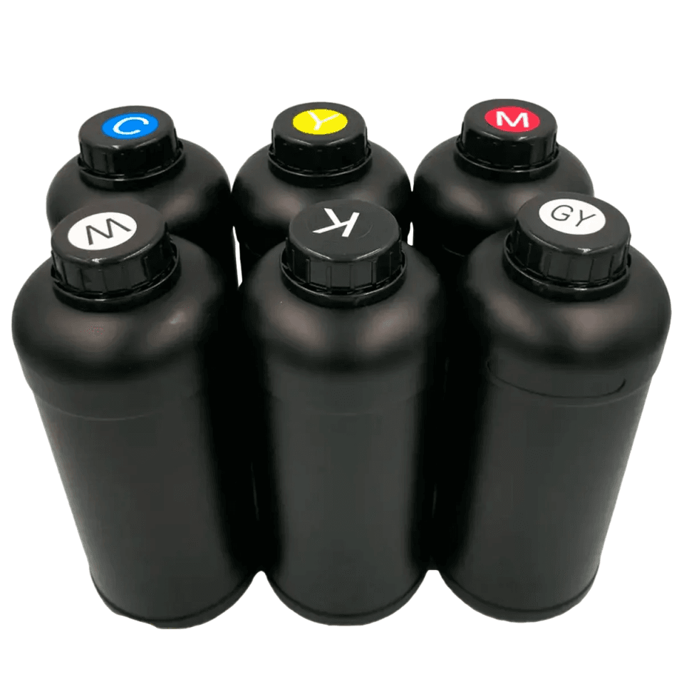 Bouteille d'encre UV LED 1 Litre (Cyan, Magenta, Jaune, Noir) pour production industrielle grand format.