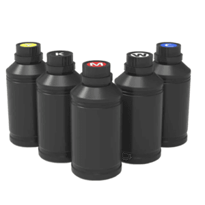 Assortiment de bouteilles d'encre UV LED 500ml (Noir, Cyan, Magenta, Jaune et Blanc) pour impression directe sur objets.