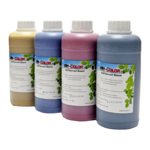 Bouteille d'encre Eco-Solvant Wit-Color Originale 1L (Cyan, Magenta, Jaune, Noir) avec logo officiel Wit-Color.