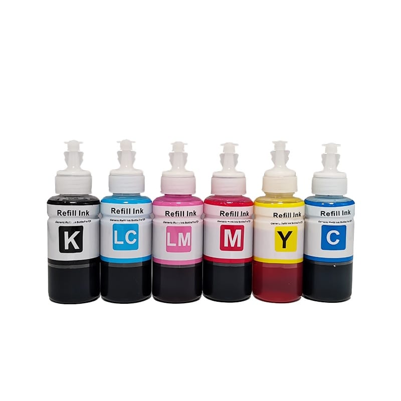 Ensemble des 6 bouteilles d'encre (CMYK + LC + LM) pour imprimantes photo Epson L805 et L800.