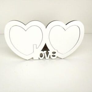 Cadre en bois MDF blanc en forme de deux cœurs avec mot Love pour sublimation Maroc.