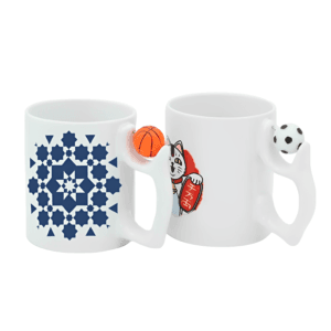Mugs blancs avec ballons de basket et foot intégrés pour sublimation Maroc.