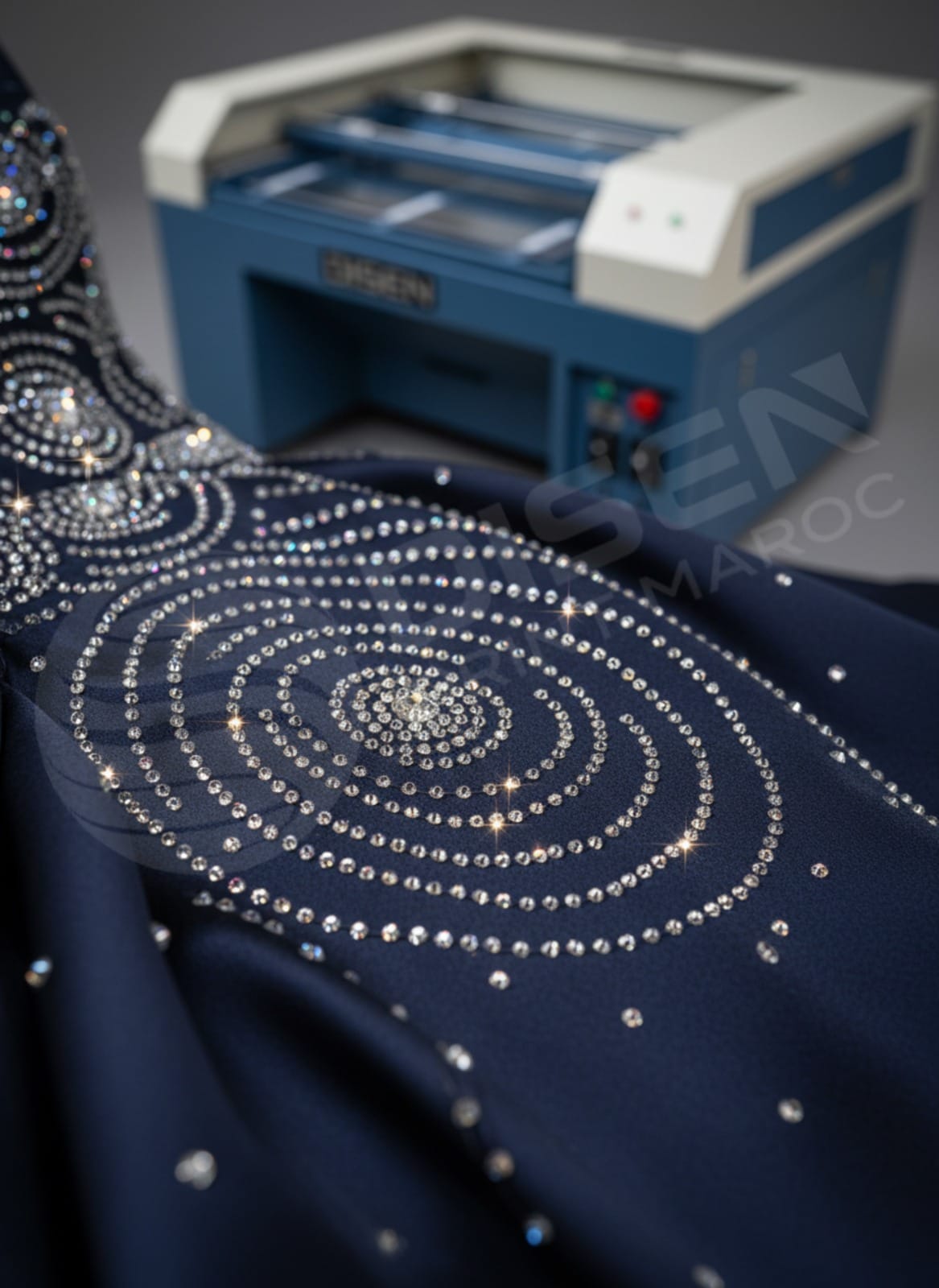 Rendu d'un motif complexe de strass brillants parfaitement appliqués sur un t-shirt au Maroc