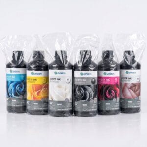 Bouteille de 1 Litre d'encre UV DTF de marque Disen avec options CMYK blanc et vernis protecteur