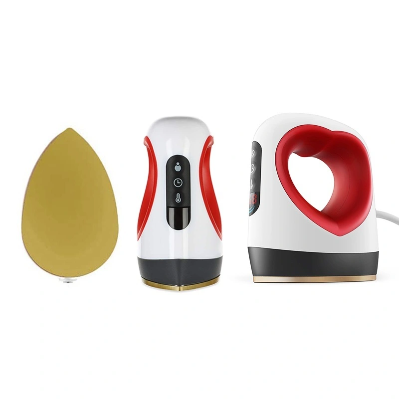 Différents angles de vue de la mini presse à chaud FreeSUB P0203 : semelle chauffante dorée en forme de goutte, vue de face avec panneau de contrôle et vue de profil avec poignée ergonomique.