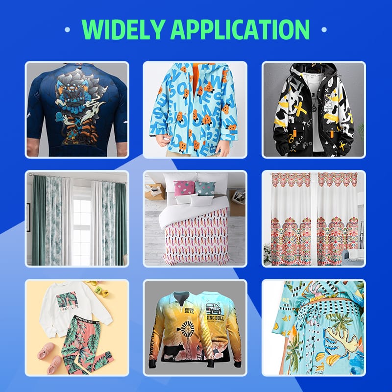 Exemples d'applications de l'imprimante à sublimation Sublistar : vêtements de sport, vestes, rideaux, linge de lit et tenues de mode en polyester.