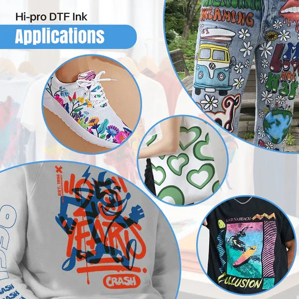 Exemples d'applications d'impression DTF sur jeans, baskets, hoodies et t-shirts