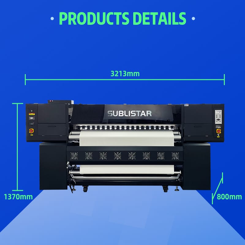 Dimensions exactes de l'imprimante sublimation Sublistar SUB-1804TX : longueur 3213mm, hauteur 1370mm et largeur 800mm.