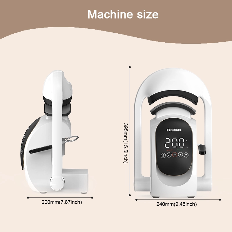 Dimensions exactes de la presse à chaud pour casquettes FreeSUB : hauteur de 395mm, largeur de 240mm et profondeur de 200mm sous vues de profil et de face.