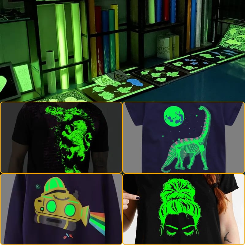Exemples d'applications du film DTF lumineux SUBLISTAR sur t-shirts et vêtements personnalisés