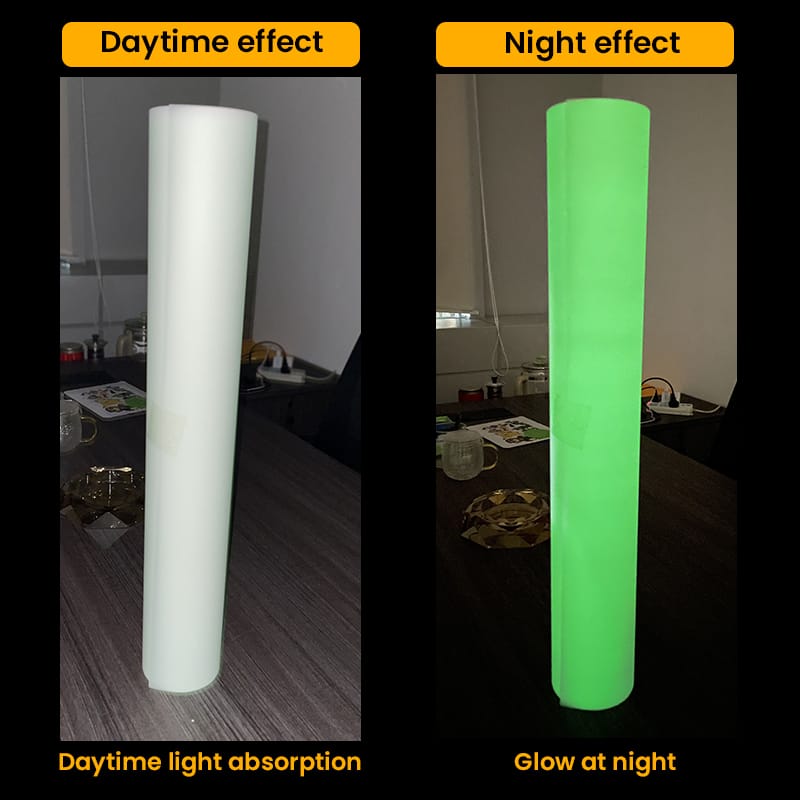 Comparaison de l'effet du film DTF lumineux SUBLISTAR entre le jour et la nuit (phosphorescent)
