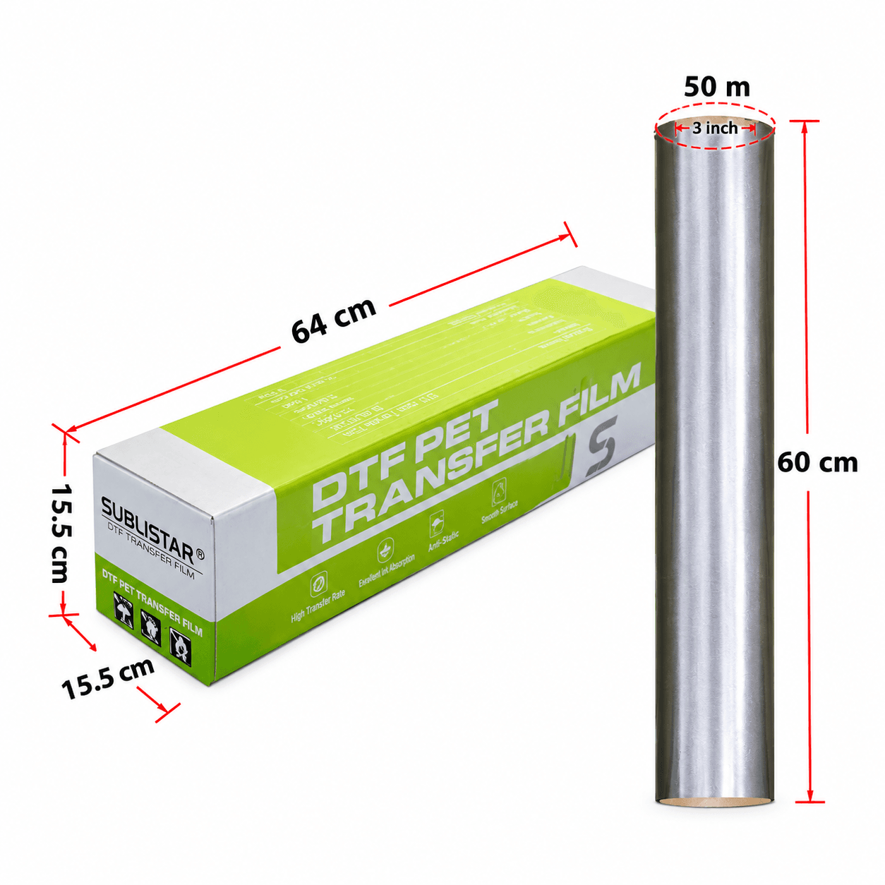 Rouleau de film DTF métallique argenté SUBLISTAR 60cm x 50m avec boîte d'emballage et dimensions