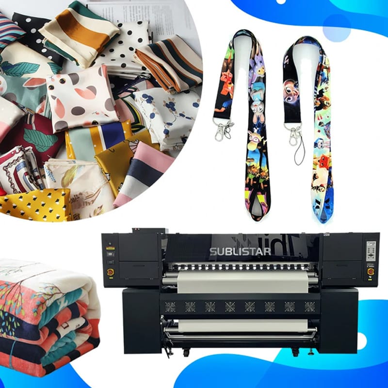 Imprimante textile par sublimation Sublistar SUB-1804TX 1.8m avec 4 têtes Epson i3200 et échantillons de foulards, lanyards et couvertures imprimés.