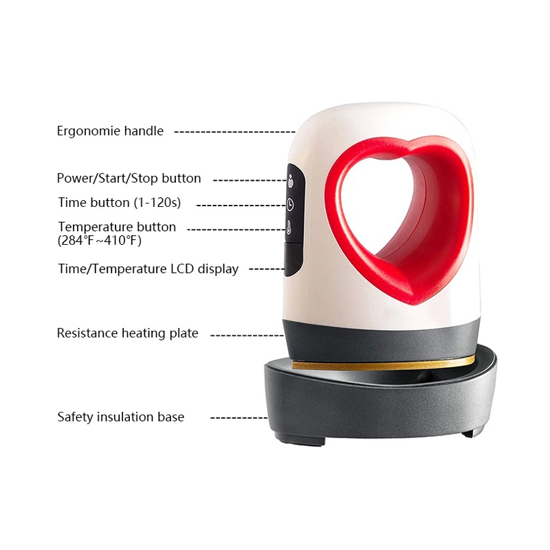 Mini presse à chaud portative P0203 de 300W avec poignée ergonomique en forme de cœur, écran LCD et socle d'isolation pour vêtements et petits textiles au Maroc.
