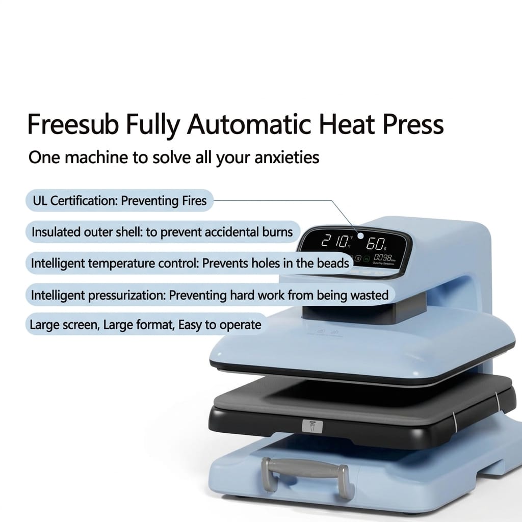 Presse à chaud entièrement automatique FreeSUB avec contrôle intelligent de température, pressurisation automatique, grand écran numérique et certification de sécurité UL.