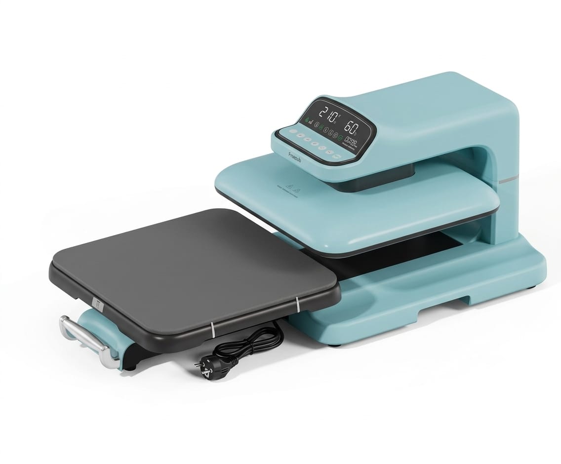 Presse à chaud entièrement automatique FreeSub F3880 pour T-shirts, avec plateau tiroir de 38x38 cm et contrôle numérique intelligent.