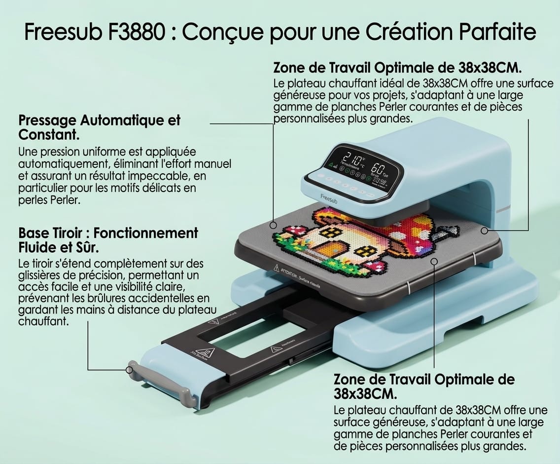 Presse à chaud automatique FREESUB F3880 avec plateau tiroir coulissant de 38x38 cm et système de pressage automatique