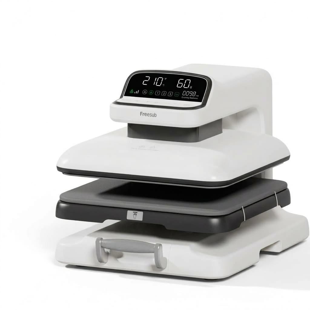 Presse à chaud entièrement automatique FreeSub F3880 blanche avec grand écran numérique et tiroir coulissant, pour sublimation et vinyle.