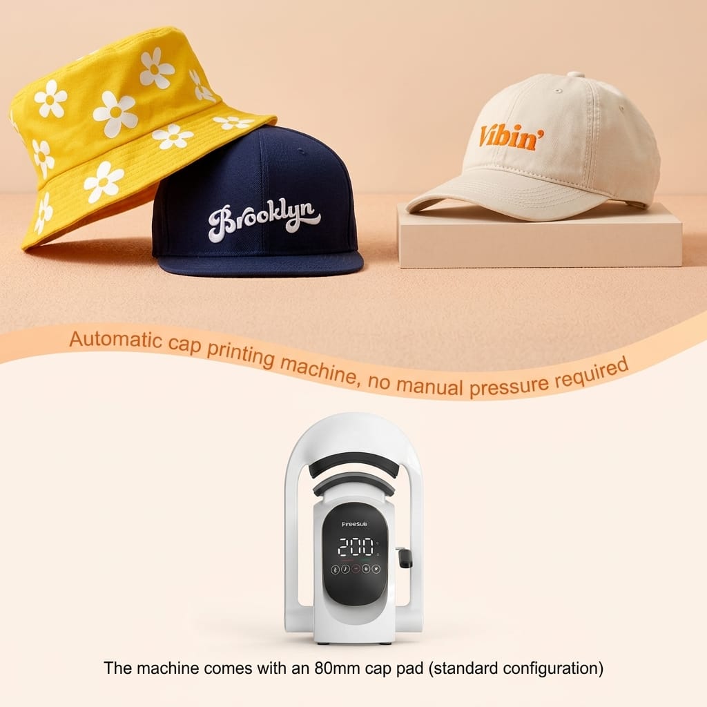Presse à chaud automatique pour casquettes et bobines FreeSUB avec affichage numérique de la température, idéale pour personnalisation textile au Maroc.
