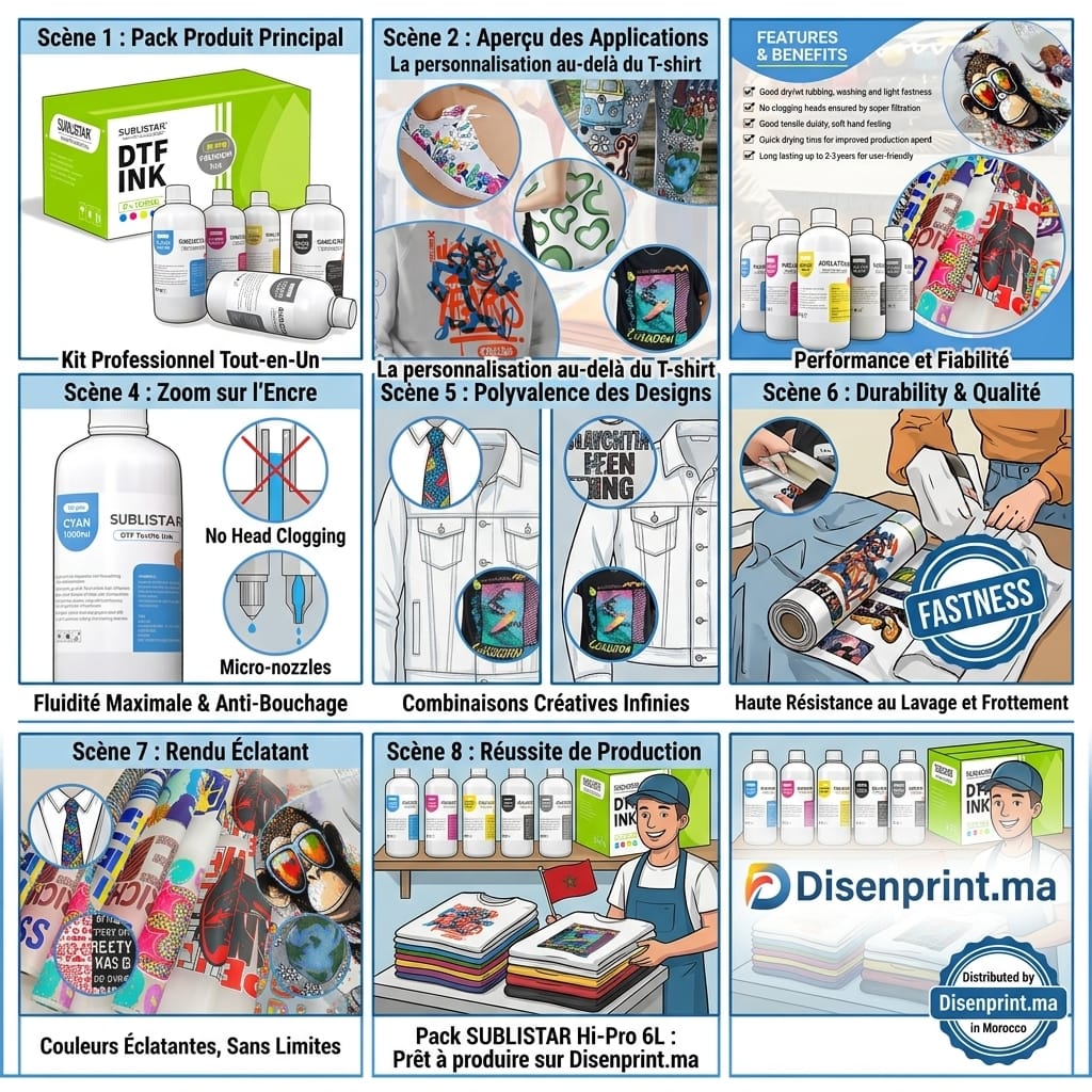Storyboard complet en français présentant le pack d'encre DTF SUBLISTAR Hi-Pro 6L, ses applications textiles et ses avantages techniques distribué par Disenprint Maroc.